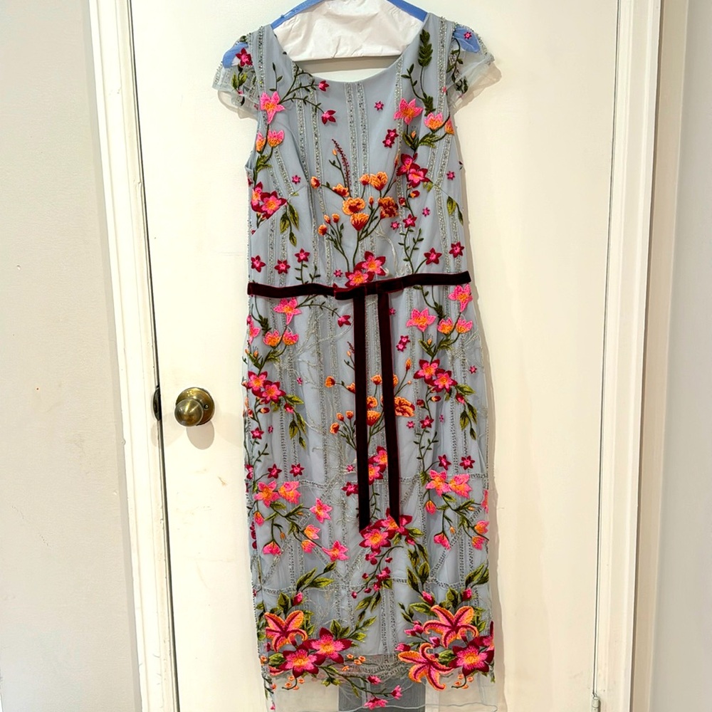 Marchesa Light Blue Floral Embroidered Midi Dress with Pink & Orange Blooms